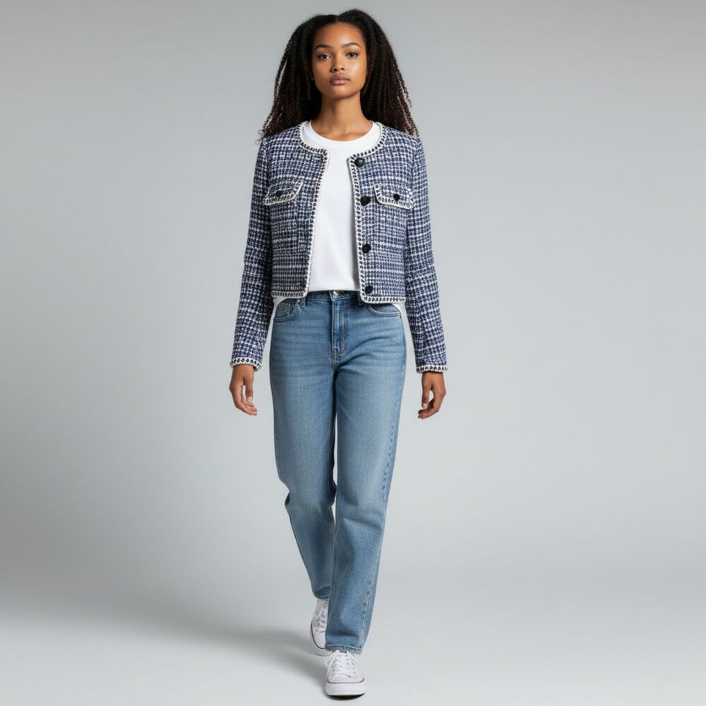 New Christian Lacroix Navy White Tweed Cropped Lady Jacket Medium